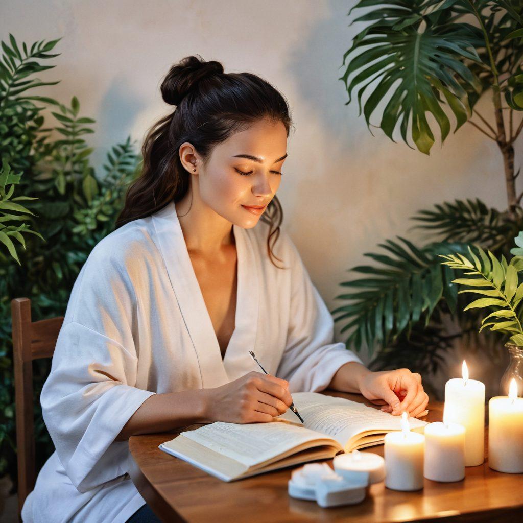 A serene woman practicing self-care, surrounded by glowing candles and lush greenery. She is applying a facial mask, radiating tranquility and beauty. Soft, warm lighting enhances her relaxed expression as she engages in her beauty routine. Elements like a journal and essential oils are subtly integrated into the scene to reflect holistic wellness. watercolor painting. soft pastel colors.