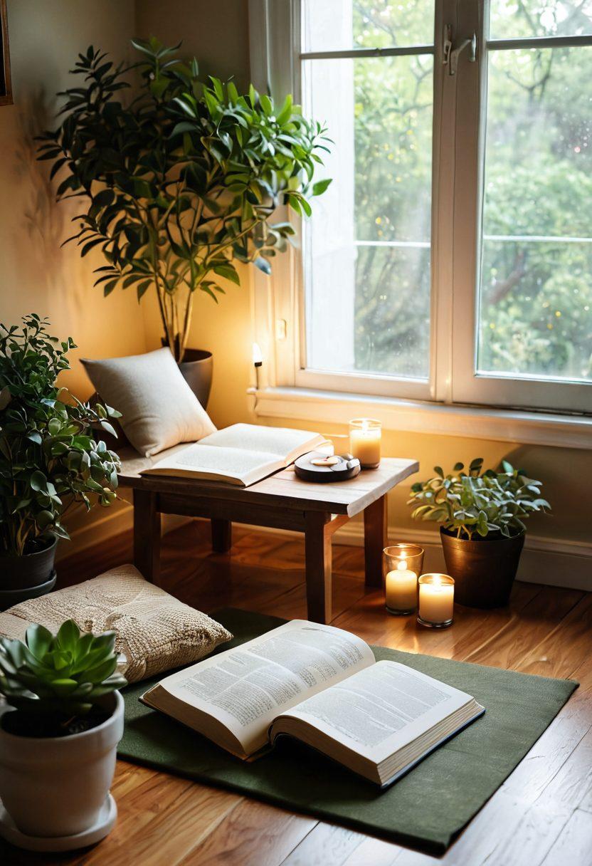 A serene scene featuring a tranquil home environment with soft sunlight streaming through a window, showcasing a cozy reading nook filled with green plants, a yoga mat, and soothing candles. Include a journal and herbal tea on a wooden table, symbolizing self-care routines. The atmosphere should evoke relaxation and mindfulness. soft focus. warm colors. peaceful ambiance.